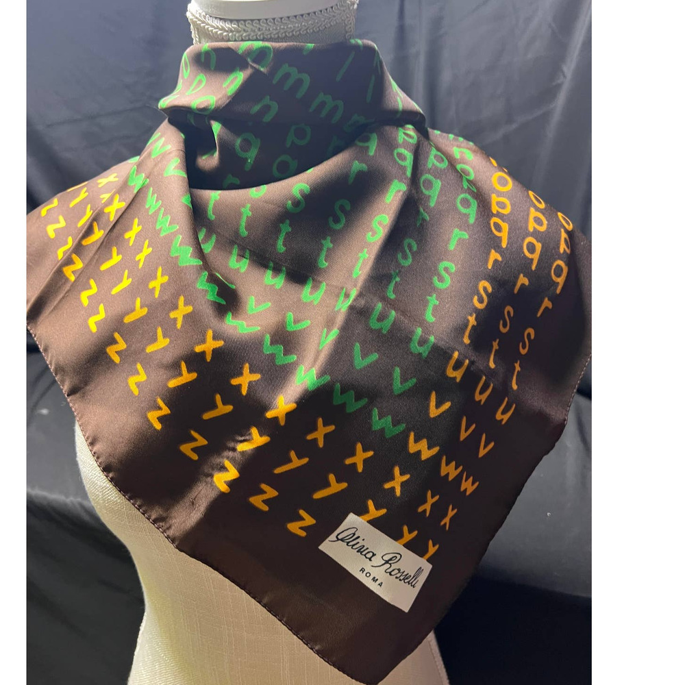 Vintage Olivia Rosselli Scarf Roma Alphabet Print ABCs Brown Retro MCM Letters